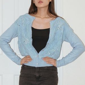 vintage 80s to 90s does 50s baby blue beaded and embroidered knit cardigan